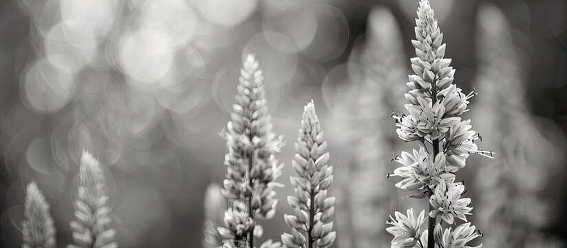 A close up monochromatic shot of asphodel flowers in a woodland setting with a blurred backdrop providing ample copy space image