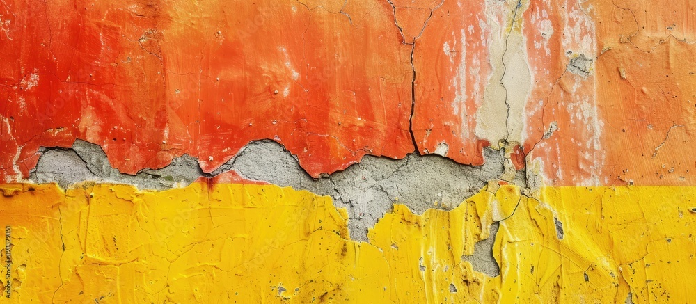 Poster aged rough concrete wall painted in vibrant orange and yellow hues with a weathered appearance and a