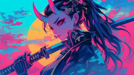 Retro anime depictions of a devil girl samurai with vibrant backgrounds, featuring strong and stunning characters.