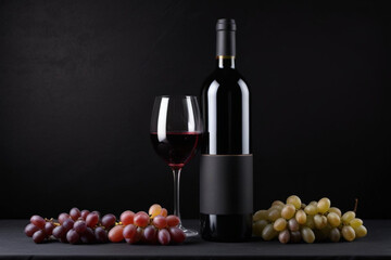 Obraz premium Glass of red wine and bottle and bunch of grape on black background