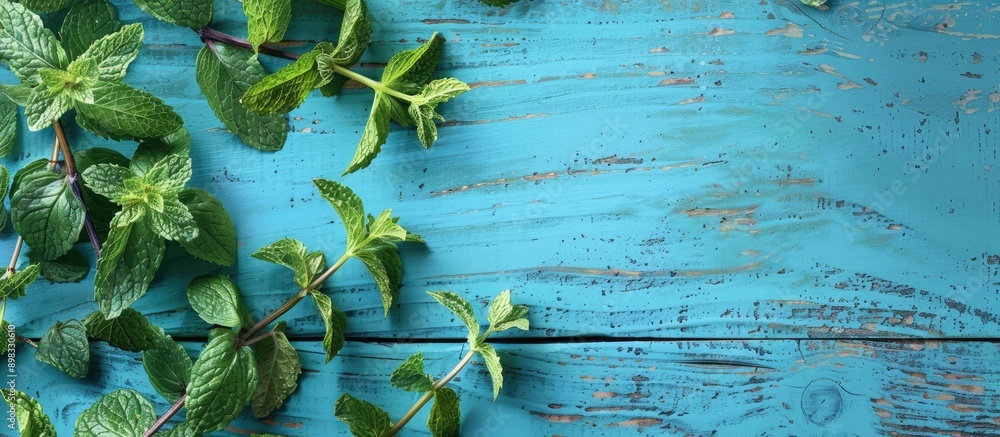 Poster close up view of vibrant wild mint leaves and branches on a blue wooden table background with copy s