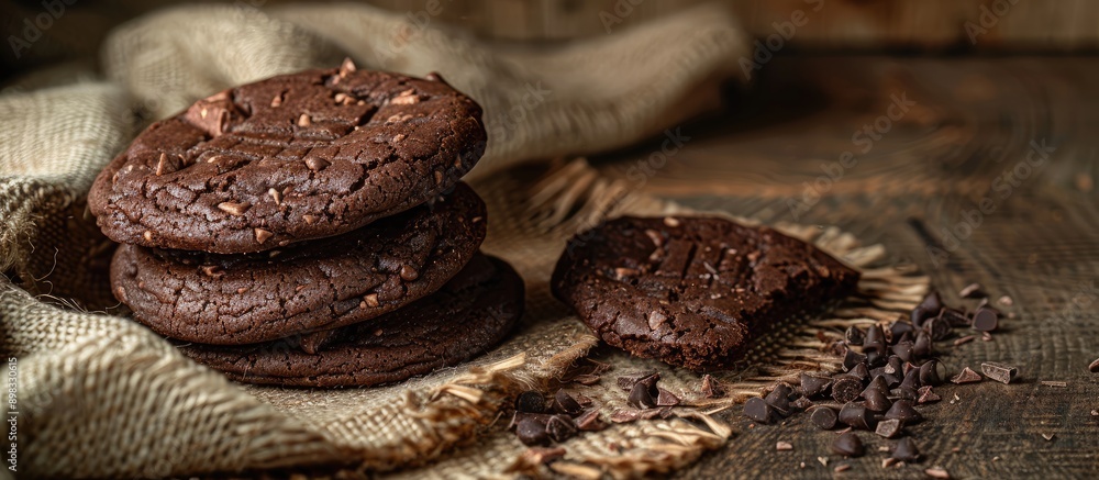 Poster Chocolate cookies displayed on a wooden table against a textile background with space for additional images
