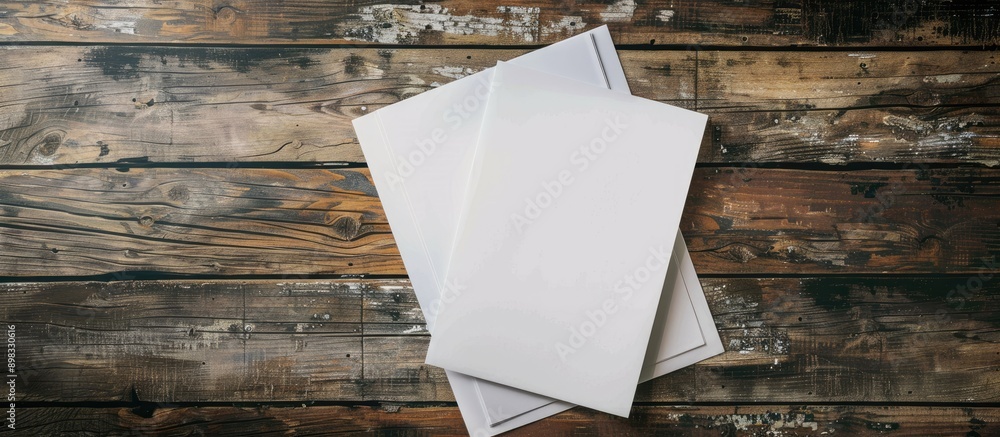 Leinwandbilder close up of two blank paper sheets on a rustic wooden table perfect as an interior mockup template w