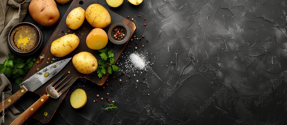 Poster chopped raw potato with a knife on a cutting board next to a potato in a fry basket with copy space 