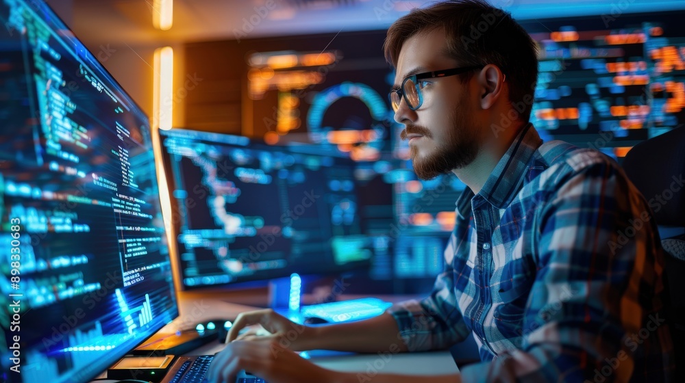 Poster a man is working on a computer with multiple monitors and a keyboard. he is wearing glasses and he i