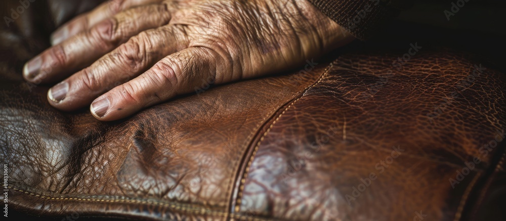 Aufkleber Close up image of a man s hand examining a rich dark brown full grain leather with visible copy space in the background