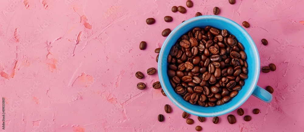 Sticker View from above of a blue cup filled with coffee beans on a pink background surrounded by copy space Breakfast and coffee concept with a closeup of the beans emphasizing a cafe morning ambiance