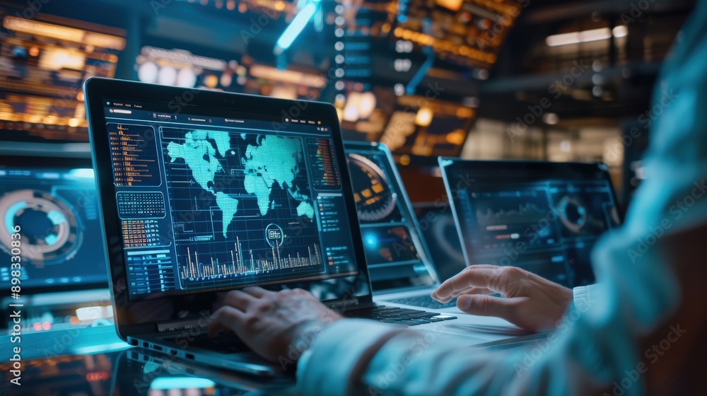 Poster a person is using a laptop in front of a monitor that shows a map of the world. the laptop is open t