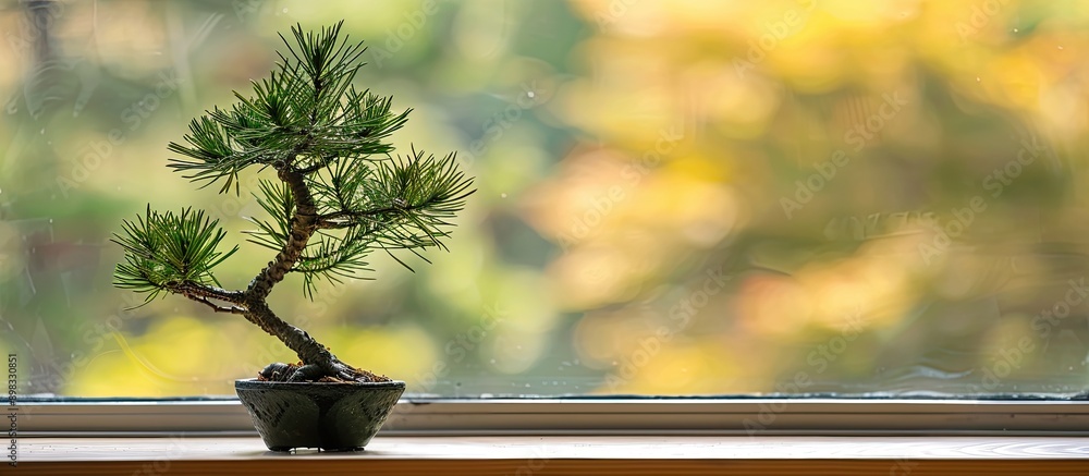 Aufkleber black pine tree with sprouts positioned on a windowsill with copy space image