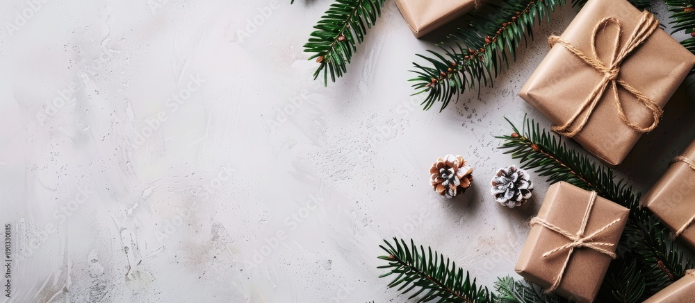 Leinwandbilder top view flat lay of christmas gifts and fir branches on a background with room for text or images a