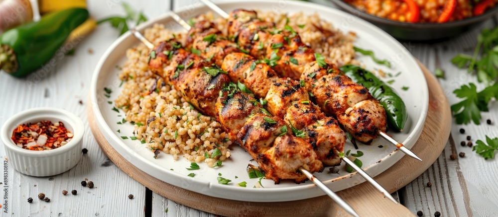 Aufkleber Angle view of a fried chicken shish kebab displayed on a white plate with a rustic serving board accompanied by spicy tomato sauce herbs onion bulgur and a grilled hot green pepper on a white wooden