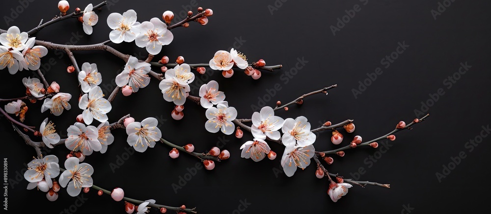 Poster Top view of apricot blossom against black backdrop ideal as a spring banner with copy space image