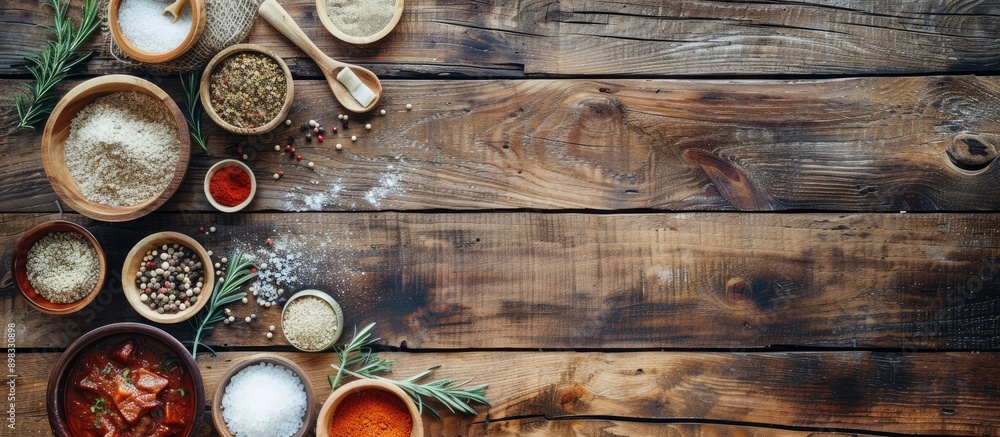 Aufkleber Top down view of cooking ingredients on a rustic wooden surface ideal for displaying menus recipes or culinary class promotions with ample copy space image