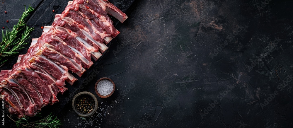 Poster A butcher table displaying a raw rack of lamb ribs with a dark background in a top view Ample copy space for customization in the image