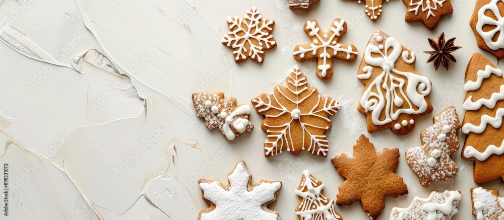 Aufkleber top view of christmas gingerbread snowflake cake cookies and biscuits for decorations in a flat lay 