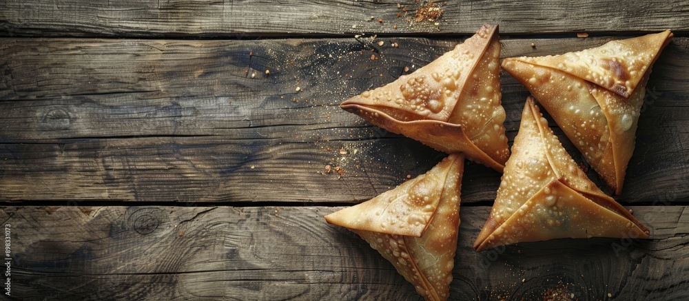 Poster Top view of delicious Samsa samosas filled with chicken fillet and cheese set on a wooden surface creating a visually appealing copy space image
