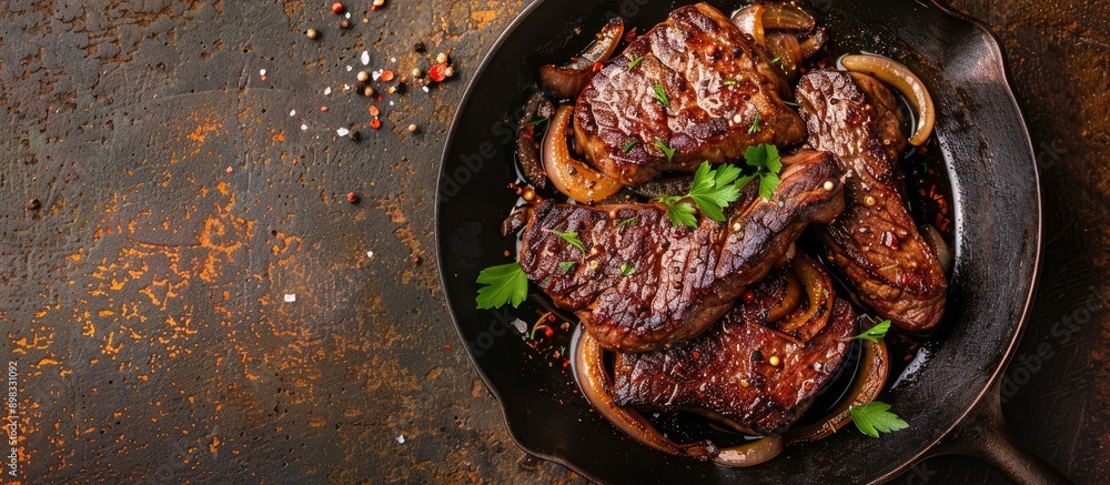 Aufkleber Beef steak with onions and spices sizzling in a pan on a rustic table with a copy space image promising a delectable lunch experience