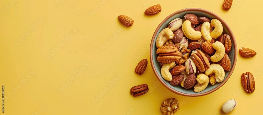 Poster Flat lay composition of delicious nuts arranged in a bowl on a yellow backdrop with ample copy space image