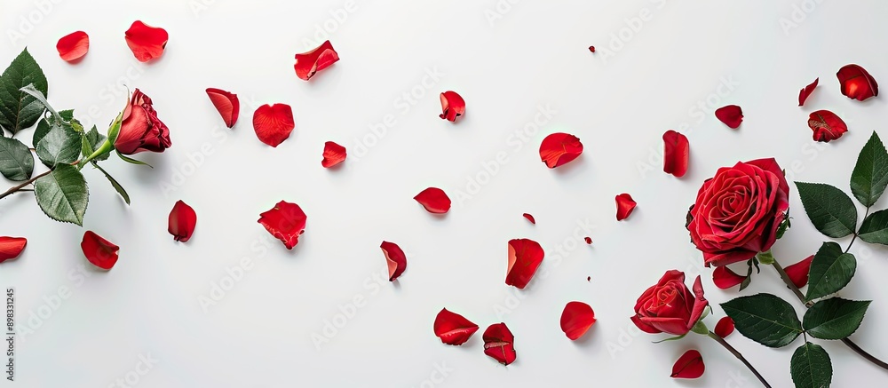 Leinwandbilder beautiful red rose with leaves and petals on a white background providing copy space image for text 