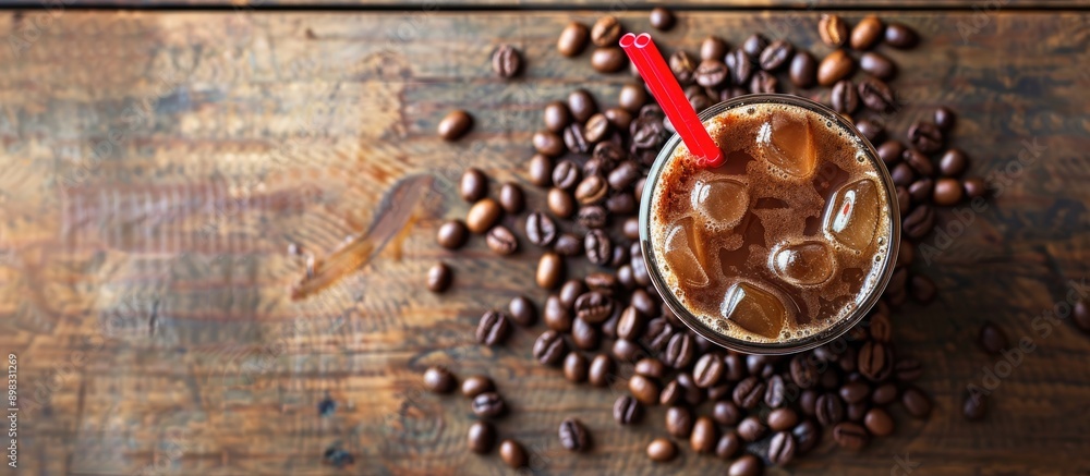 Aufkleber cold summer drink with a red straw on a wooden table coffee beans in the backdrop above view with de
