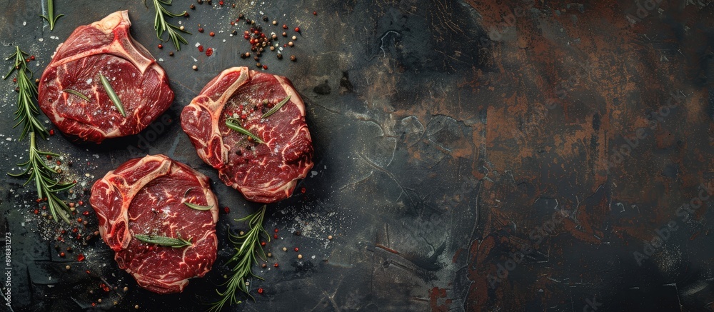 Poster Directly above view of three marbled raw ribeye steaks with spices on a stone table background providing a copy space image