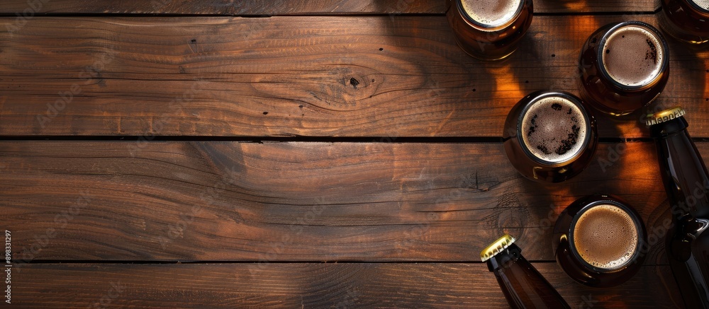 Poster Top view of beer bottles on a wooden table with selective focus creating a mock up with copy space for images a blank template is available