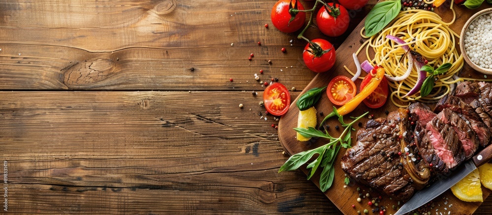 Poster a delectable plate featuring marbled beef steak fresh veggies and italian spaghetti on a roasting bo
