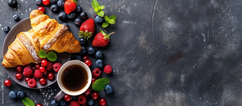 Aufkleber top view of a breakfast themed image featuring fresh berries a croissant and coffee designed with sp