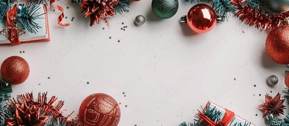 Fototapete christmas and new year concept depicted in a decorative frame on a white background with greeting ca