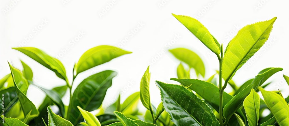 Poster a close up of fresh green tea leaves shot against a white background from an organic tea plantation 