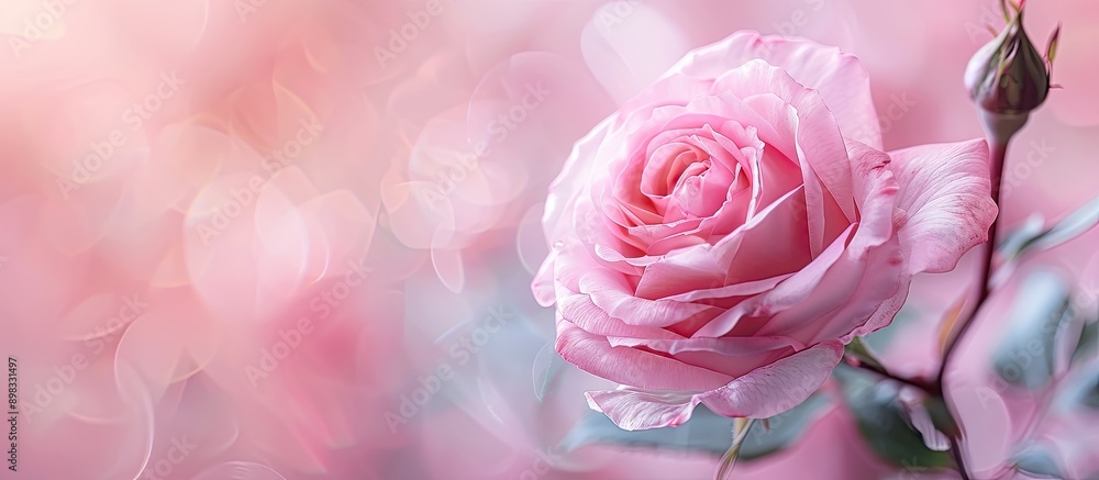 Poster a delicate light pink rose against a matching backdrop creating a horizontal banner suitable for the