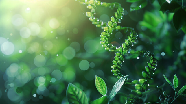 High-resolution diagram of biochemical pathways featuring interconnected cell graphics, molecules, and DNA strands. Includes elements of greenery and branches to symbolize natural processes.