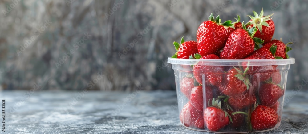 Sticker close up of freshly harvested strawberries in a plastic bucket against a concrete backdrop with room