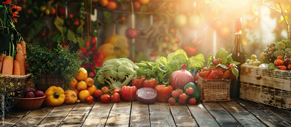 Fototapete beautiful fresh produce in a rustic setting with copy space image
