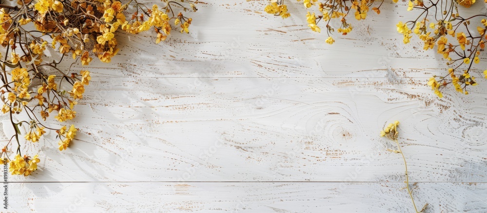 Aufkleber a bird s eye view of a white wooden table adorned with a yellow floral design perfect as a backgroun