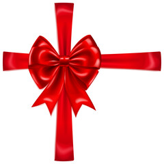 Beautiful large red shiny bow with crosswise ribbons and soft shadow on white background.