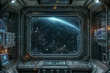 Fototapeta premium Space Station Window. A frame of futuristic metal and glass, with blinking lights and control panels. The center is a vast, black expanse of space with distant stars and planets