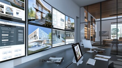 digital architect's office where virtual building tours are conducted, with screens showing different stages of construction and architectural details