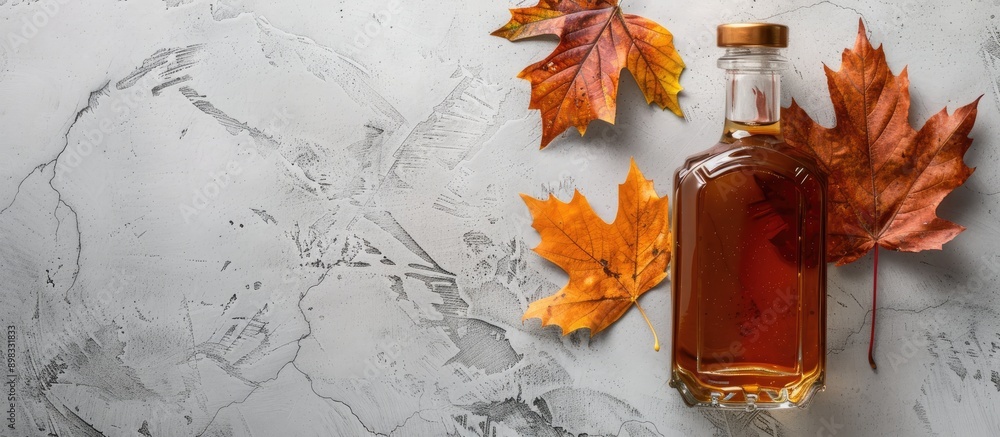 Fototapete Flat lay composition featuring a delicious bottle of maple syrup a dry leaf and a light grey table with ample copy space image