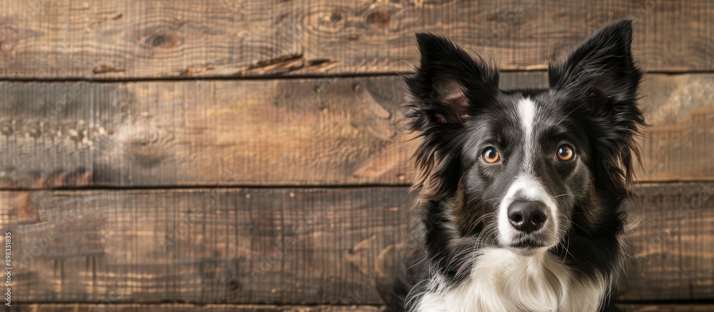 Poster border collie dog looking at the camera against a wooden background with ample copy space image