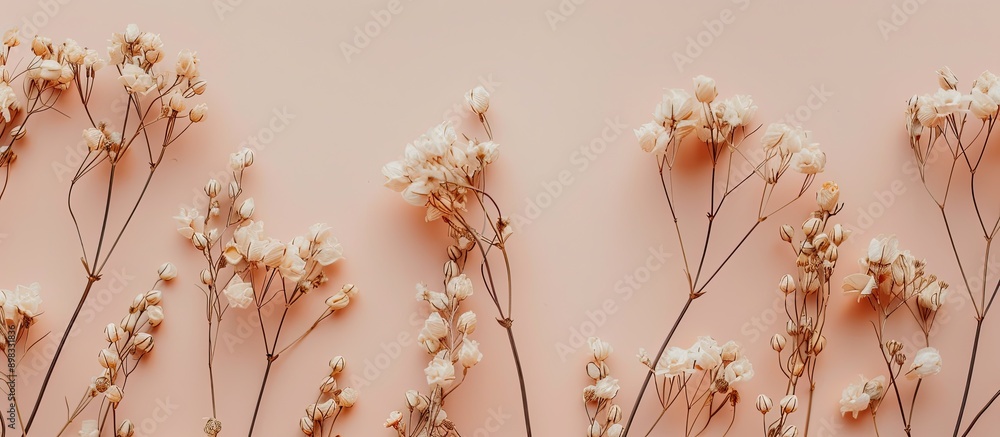 Aufkleber Flat lay composition with dried flowers arranged on a soft pink background offering a minimalist aesthetic with ample copy space for customization
