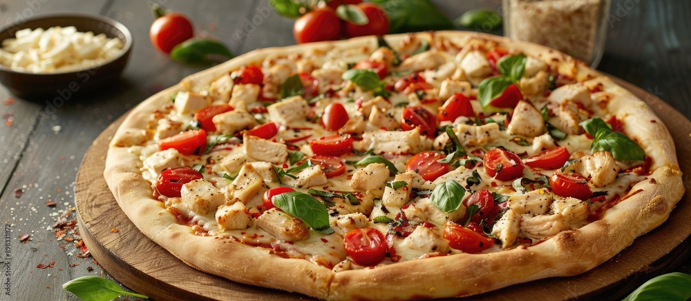 Aufkleber chicken and tomato pizza with fresh ingredients on display in a copy space image