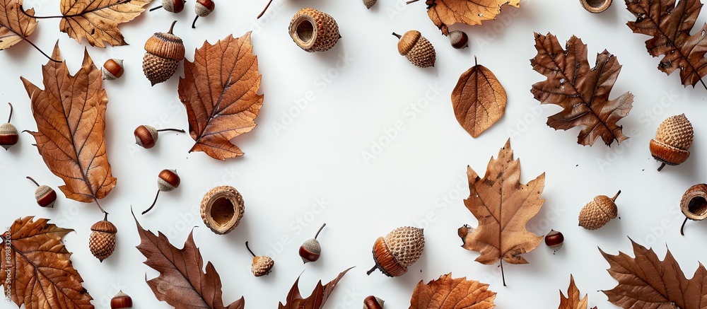 Leinwandbilder brown dried leaves and acorns arranged into an autumn composition on a white background with copy sp