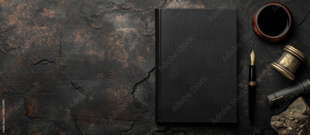 Aufkleber A top down view of a black book on a dark rustic surface with a fountain pen an ink well and a blank space for text in the image. Creative banner. Copyspace image