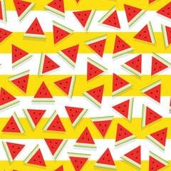 watermelon seamless pattern, a collection of triangular shaped watermelons scattered on a yellow and white background