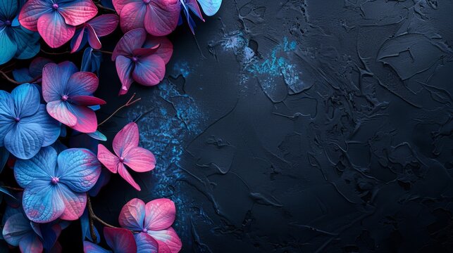  A black backdrop adorned with a cluster of pink and blue blooms Text or name placement available
