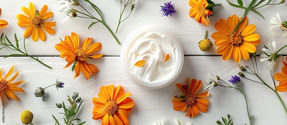 Poster a cosmetic cream surrounded by herbal flowers displayed elegantly on a white wood table with ample c