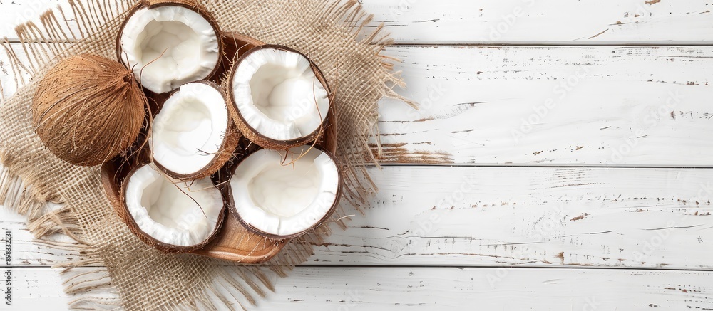 Poster Coconut slices arranged in a bowl on a white wooden table with a blank space for an image. Creative banner. Copyspace image