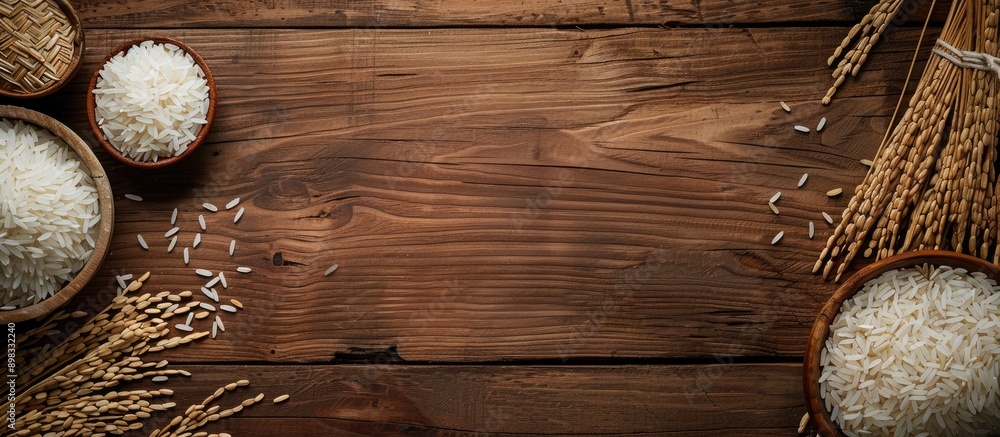 Poster close up shot of rice arranged on wooden floor panels with copy space image