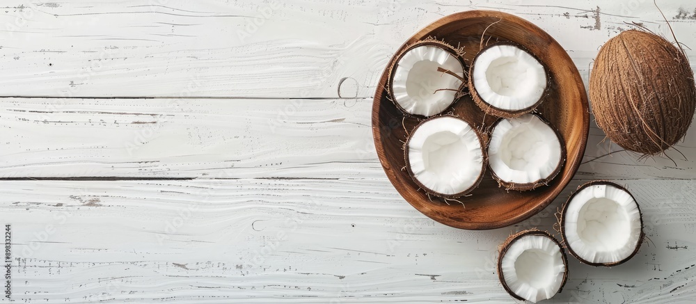 Poster coconut slices arranged in a bowl on a white wooden table with a blank space for an image. creative 